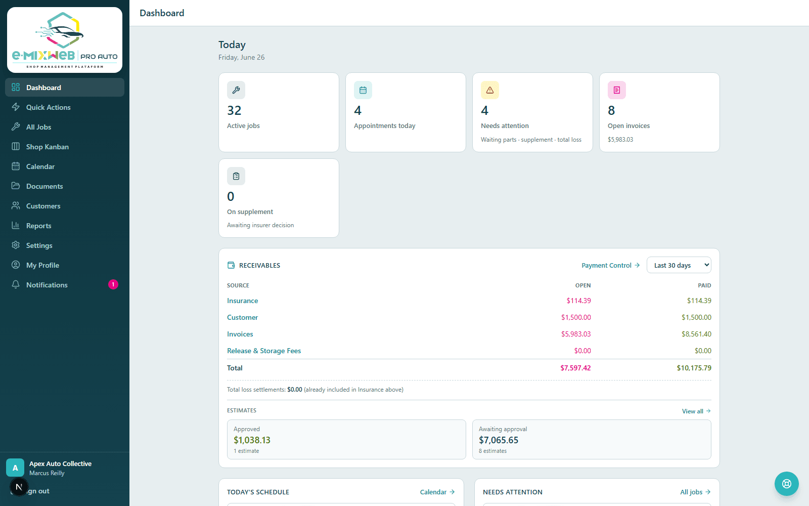 eMixWeb Pro Auto dashboard — active jobs, receivables, and today's schedule for a real shop